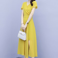 ATTERLIC 側開衩反轉魅力抓皺長版連身裙 13931 含大尺碼, 黃色