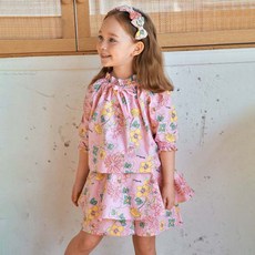 matildany 女童透氣花朵荷葉邊七分袖蝴蝶結上衣