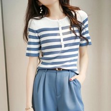 페이퍼먼츠 여성용 냉감 통기성 단추라인 스트라이프 쿨링 니트 티셔츠 22316