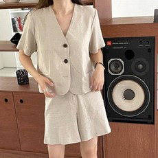 페이퍼먼츠 브이넥 반소매 셔츠 통기성 캐주얼 반바지 투피스 22212