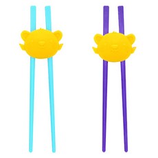 UINLUI EQ兒童學習筷 2雙 + 可拆式矽膠固定器 2個組, 1組, 藍色(筷子) + 丁香紫(筷子) + 黃色(固定器)