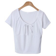 시크블랙 여성용 미제린 넥 스트링 포인트 절개 슬림핏 반팔 티셔츠 cpt14904k43