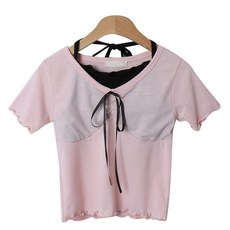 시크블랙 여성용 넬브도 브이홀터넥 프릴 커팅 가슴 절개 리본스트랩 반팔 티셔츠 cpt14910k43