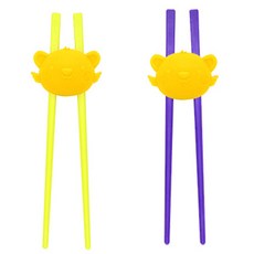 UINLUI EQ兒童學習筷 2雙 + 可拆式矽膠固定器 2個組, 1組, 綠色(筷子) + 丁香紫(筷子) + 黃色(固定器)