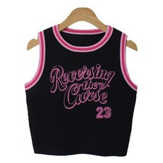 시크블랙 여성용 디라브 라운드넥 배색 레터링 바비걸 민소매 티셔츠 cpt14932k43