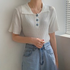 메이첼 여성용 귀여운 카라넥 꽃무늬 버튼 반팔 스웨터 13073