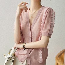 페이퍼먼츠 여성용 리본버튼 쉬폰날개 반팔 가디건 22300