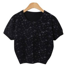 린다샵 여성용 젠미스 라운드넥 잔플라워 세미크롭 반팔니트 cpnt5334k43