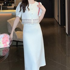 페이퍼먼츠 퍼프 반소매 레이스 롱 스커트 세트 22386