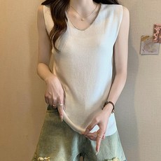 페이퍼먼츠 여성용 큐빅 브이넥 루즈핏 아이스 민소매 니트 22541