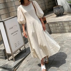 아뗄릭 라운드넥 소매 퍼프 루즈핏 통기성 롱 원피스 13897