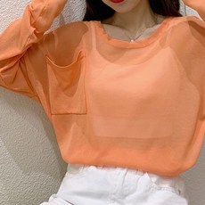 메이첼 여성용 라운드넥 사이드 빅 원 포켓 시스루 티셔츠 13074