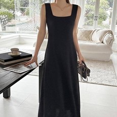 saystyle 女款柔軟方領背心A字長洋裝, 黑色