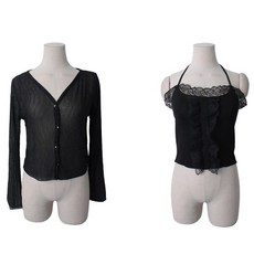 시크블랙 여성용 드로아 레이스 홀터 나시 시스루 가디건 세트 cpset3374k43