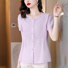 아뗄릭 여성용 여름 라운드넥 셔링 주름 슬리브 스티치 셔츠 02333