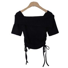 시크블랙 여성용 테오란 절개 오프 숄더 골지 셔링 티셔츠 cpt14893k43