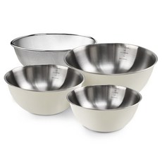 Kitchen9 不鏽鋼量杯攪拌盆 白色 3種+篩網組, 3種攪拌碗+托盤, 1組