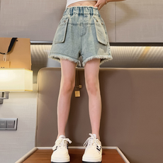 Orenjidamom 女童雙鈕扣外口袋鬆緊牛仔短褲