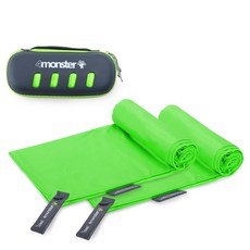 4monster 多用途運動毛巾 大尺寸 2入 + EVA收納盒組, 綠色, 1套