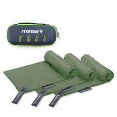 4monster 多功能運動毛巾 大號 3入+ EVA收納盒組合, 苔綠色, 1套
