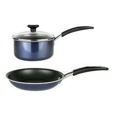 MEYER 美亞 IH爐適用鑽石光澤不沾塗層鍋具組, 藍色, 平底鍋 22cm+單柄鍋 20cm, 1組