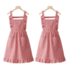 Hello Gem 花店 花藝師 工作室 託兒所 幼稚園 畫室 美甲店 廚房 家用 細格紋 荷葉邊 迷你圍裙, 2個, 紅色