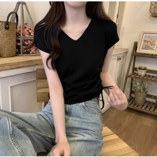 아이엠몽 여성용 아슬비 브이넥 스트라이프 줄무늬 셔링 리본 승모근 커버 민소매 나시