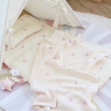 HWAMO BABY 童款優質3層棉紗格紋棉質薄墊枕頭+3層棉紗超細纖維絲絨雙面被組, 粉色小兔款