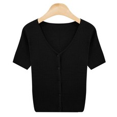 Tteugaejin 女款萊賽爾彈性羅紋短袖V領Barkan開襟衫