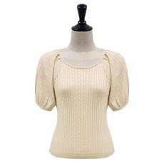 Tteugaejin 女款嫘縈麻花泡泡袖斯卡迪圓領短袖針織衫