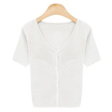 Tteugaejin 女款萊賽爾彈力羅紋短袖V領Barkan開襟衫