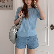 編織女款棉質麻花金標貝雷塔圓領短袖針織衫