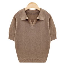 Tteugaejin 女款透氣亞麻簡約開襟翻領短袖針織衫