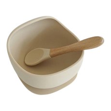 BUDDLE 嬰幼兒 Gomi 矽膠吸盤副食品碗 + 湯匙組, 原麻米色, 1個