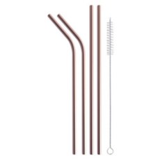 Johnny Free不鏽鋼多用途吸管 直款 2入+彎款 2入+清潔刷組 玫瑰金, 1組