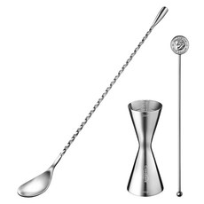 Casabeni 家用調酒 雞尾酒 Highball 全不鏽鋼量酒器 30ml / 45ml + 吧叉匙 30cm + 搗棒 銀色 圓形 套組, 1個