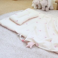 HWAMO BABY 童款四季型柔軟3層棉紗刺繡午睡墊+薄被+分離式防蟎枕芯組, 粉色小兔款