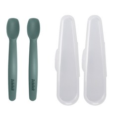 Bebelock 韓國製第1階段學習矽膠湯匙 2入+湯匙收納盒 2入, 藍灰色, 1組