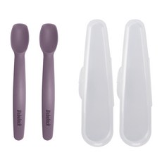 Bebelock 韓國製第1階段學習矽膠湯匙 2入+湯匙收納盒 2入, 紅豆色, 1組