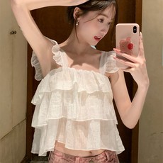 PEONIST 女款可愛荷葉邊無袖上衣