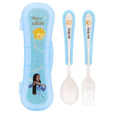 LiLFANT 迪士尼Wish 弧形不鏽鋼湯匙叉子 易握收納盒 3件組, 混合色, 湯匙 + 叉子 + 收納盒, 1套