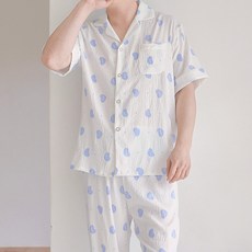 핑크존 커플용 지지미 반팔 셔츠 + 긴바지 잠옷 세트 8290