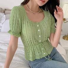 女款金銀蔥線腰部綁帶鏤空泡泡袖方領波雷亞針織外套