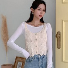 KnitNJean 女款鏤空扇貝邊開襟針織馬甲背心