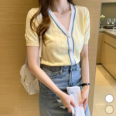 페이퍼먼츠 여성용 비스코스 펀칭라인 반팔 가디건 22636