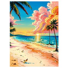 알로데 핑크꽃으로 물든 해변 벽 장식 DIY 보석십자수 세트 라운드 70 x 90 cm, NO 18, 1세트