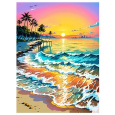 알로데 핑크꽃으로 물든 해변 벽 장식 DIY 보석십자수 세트 라운드 20 x 30 cm, NO 17, 1세트