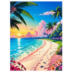 알로데 핑크꽃으로 물든 해변 벽 장식 DIY 보석십자수 세트 스퀘어 40 x 50 cm, NO 05, 1세트