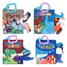 OZ TOY 嬰幼兒用Corto彩色布尾巴觸感書4件組, 恐龍 + 海洋生物 + 動物 + 農場