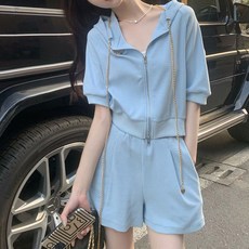 MEICHEL 女款短袖拉鍊短褲夏季運動套裝 13147